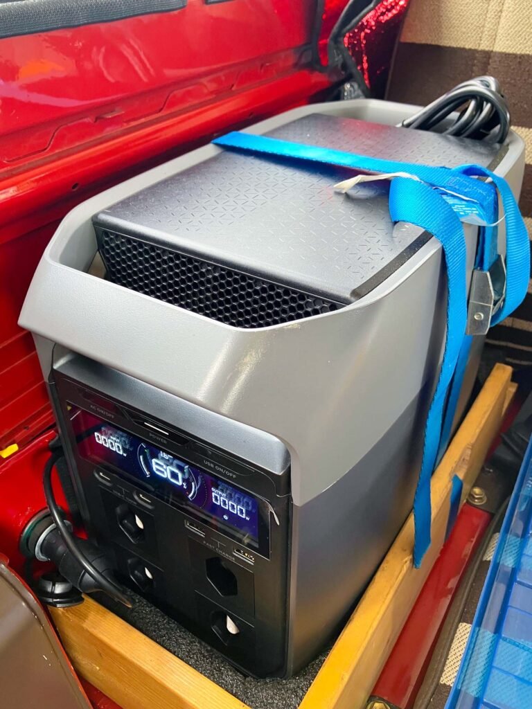 Easy Vanlife Writer Power Setup: safely strapped in my Toyota.